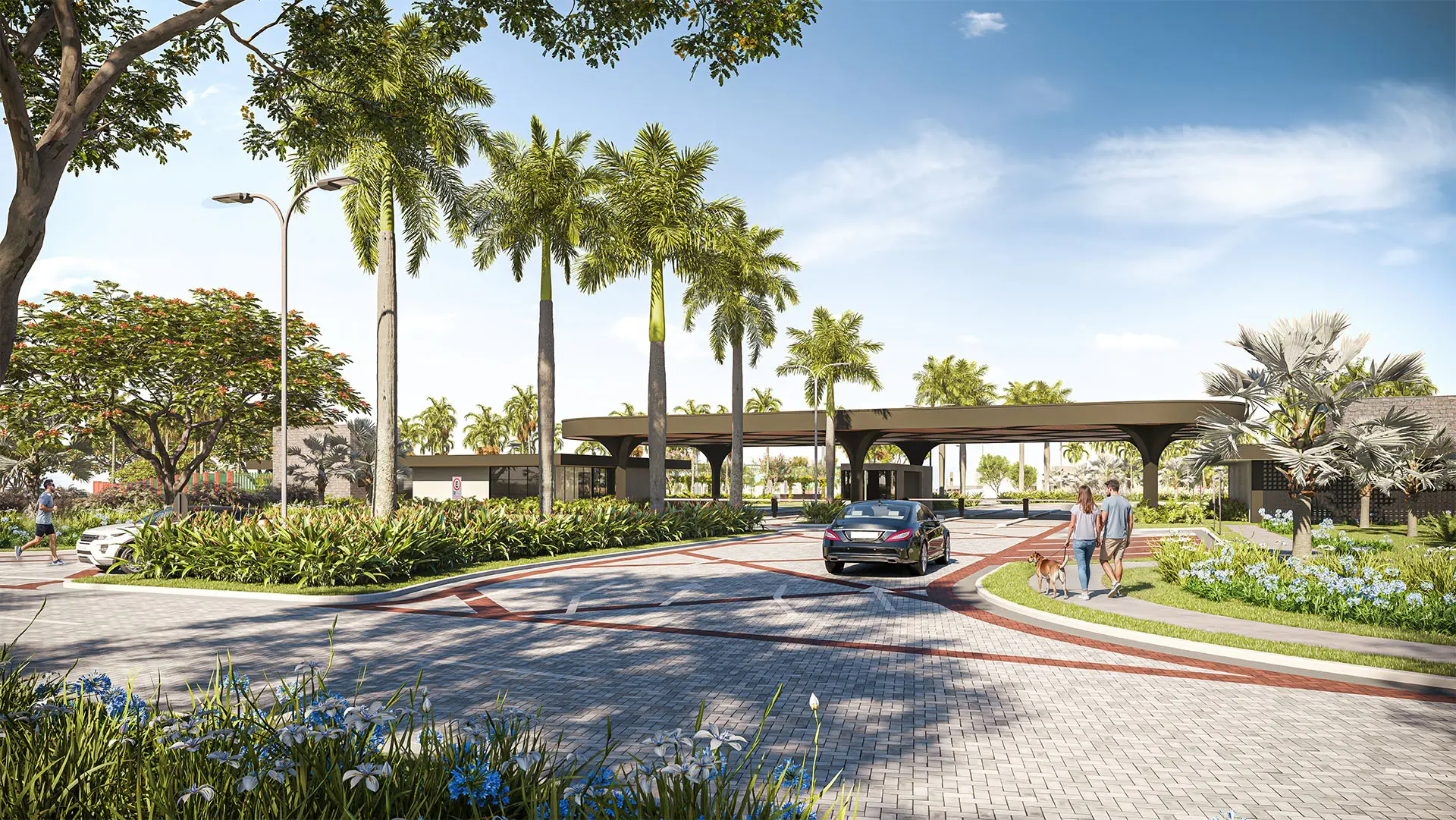 Portaria principal do Jardins Áustria, com paisagismo e arquitetura contemporânea